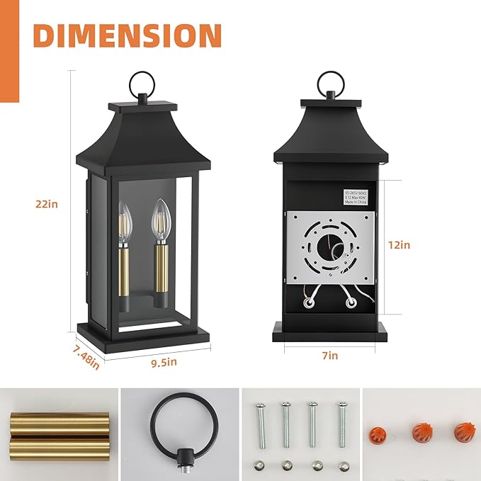 tewei 2-Light Black Outdoor Light Fixture, Porch Light Outdoor Wall Sconce Lantern, 22'' Exterior Lighting Fixture Wall Mount E12 Gold Base, Outside Light for House Backyard Garage, 1-Pack