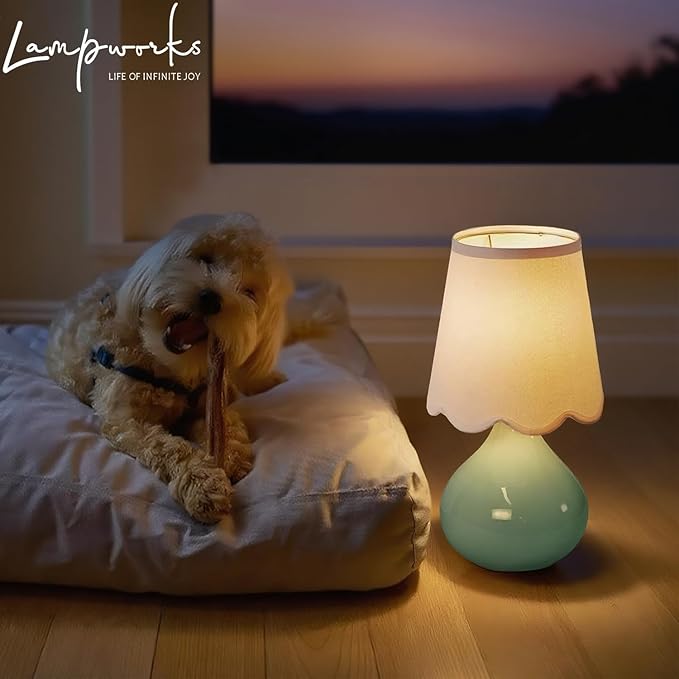 14''H Cordless LED Ambient Table Lamp, Rechargeable Ceramic Bedside Lamp with 3-Level Dimmable Soft Lighting, Linen Shade, Cozy Room Decor for Teens (Green)