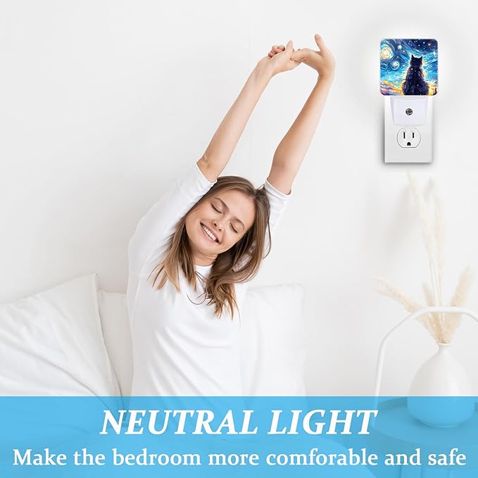Black Cat Night Light, Plug-into Wall Starry Night Nightlight Lamp with Dusk to Dawn Sensor, Led Lamp 0.5W Energy Efficient for Boys Girls Adults Home Decor