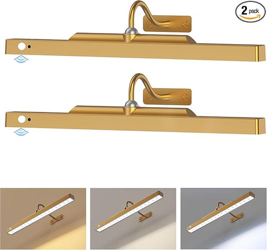 Battery Operated Gallery Lights for Wall Brass– Motion Sensor Picture Light, 5000mAh Wireless and Dimmable 3CCT Art Light Over Frame, Paintings, Photos, Mirrors (2Pack)