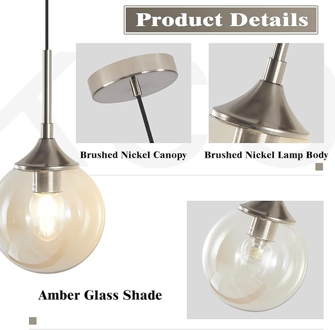 KCO Lighting 7.1" Amber Glass Pendant Light Brushed Nickel Pendant Lighting Modern Globe Pendant Light Mid Century Hanging Light Small Pendant Lights for Kitchen