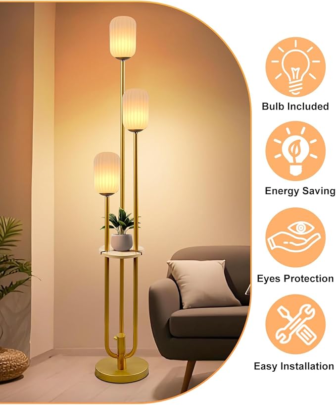 Gold Dimmable Floor Lamp with Table, Modern Floor Lamps with Oval Striped Lampshade 3000K Soft Warm White 3-Lights Candle Holder Style Tall Lamp for Living Room/Bedroom