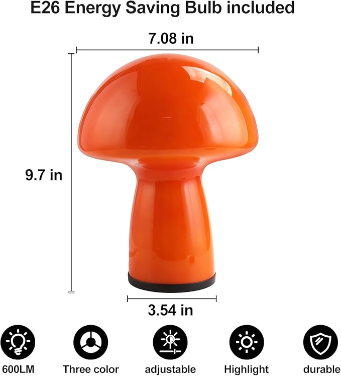 Mushroom lamp,Dimmable Glass Table Lamp,Vintage Style Table Lamp,Red Bedside Desk lamp,Cute Table Lamps.（3-Color Bulbs Included）