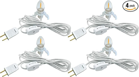 4 Pack Accessory Cord with LED Night Light Bulbs - White Cord with On/Off Switch Plugs - C7 led Bulb Warm White with Spare Fuse for Holiday Decoration and Craft Village House Decoration