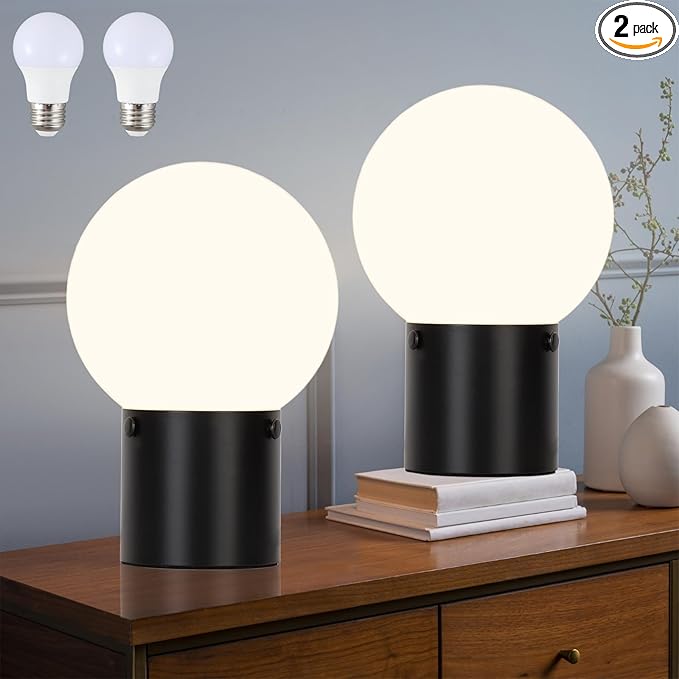 Somniferous Small Table Lamps Set of 2, Black Table Lamp with Frosted Glass Globe Shade, Mid Century Modern Bedside Lamps, Nightstand Lamps for Bedroom Living Room Dorm, 7W LED Bulb Included