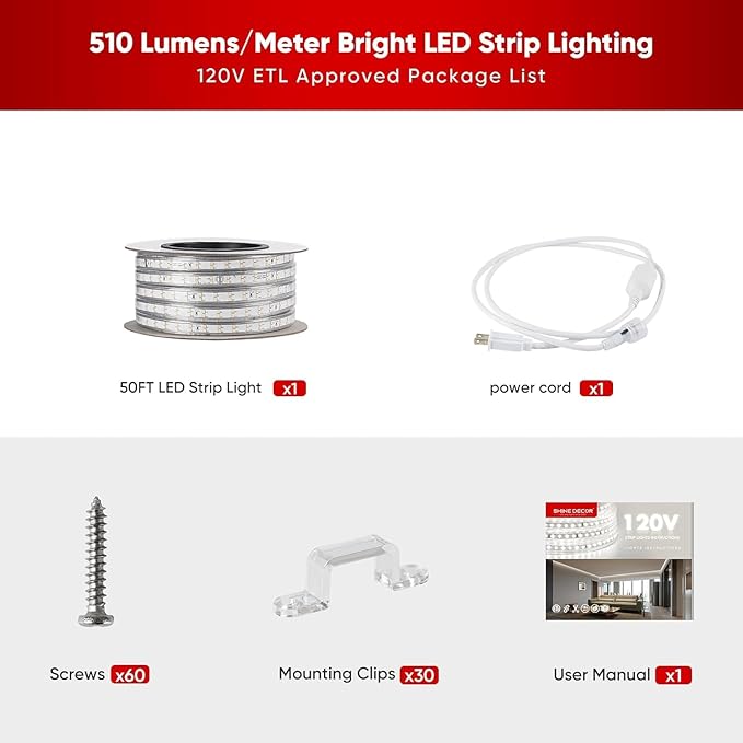 Shine Decor Plus LED Strip Lights AC 120V, Connectable Double Row Bright Rope Light, ETL IP65 Waterproof & Weather-Resistant for Accent Lighting, 7x17mm, 2800K Warm White, 50FT