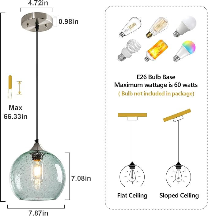 Light Green Glass Pendant Lights Kitchen Island Lighting Globe Pendant Light Fixtures Modern Pendant Lighting for Bedroom Living Dining Room Light Fixture (7.87 in, 3 Pack)