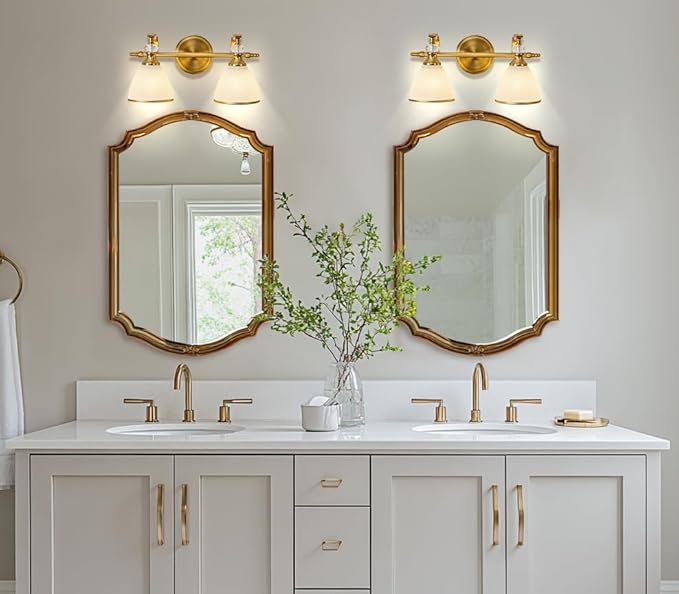 ANDY STAR Gold Vanity Light, 2-Light Brushed Gold Bathroom Light Fixtures, Vintage Bathroom Light with Milky White Bell Glass Shades, Eye-Friendly Wall Sconce for Mirror, Kitchen, Bedroom, Hallway