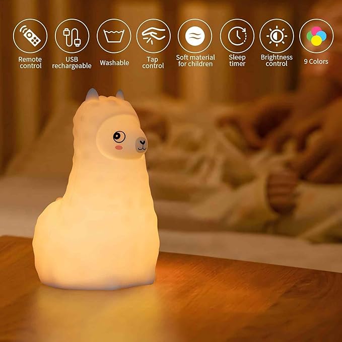 Cute Llama Night Light for Kids, Silicone LED Nursery Lamp with Soft Glow, Rechargeable Touch Control Bedside Lamp for Bedroom, Night Light Up Toddler Bed Rooms