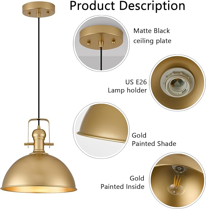 12 Inch Gold Farmhouse Pendant Lights Matte Pendant Lights for Kitchen Island Industrial Adjustable Height Vintage Dome Hanging Light Fixtures for Barn, Dining Room 2 Packs
