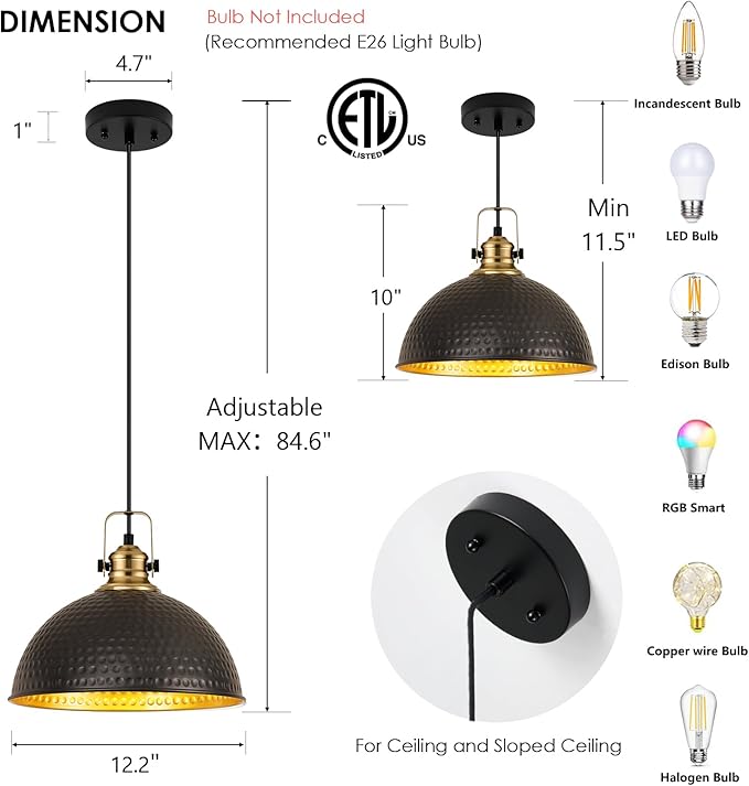 Black Pendant Lights Kitchen Island Industrial Pendant Light Fixtures Dome Kitchen Island Lights Modern Pendant Lighting for Bar Farmhouse Dining Room Bedroom Hallway（3 Packs）