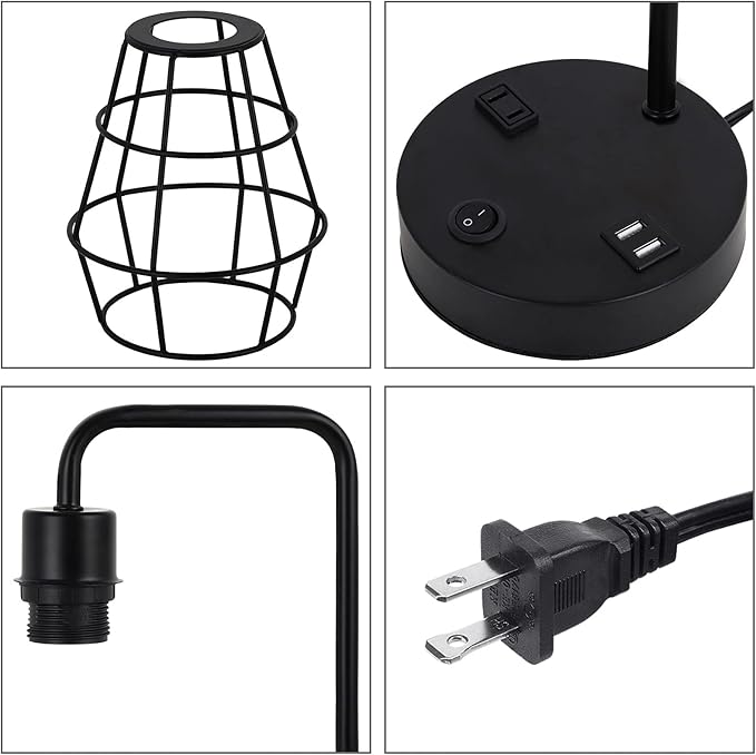 BTY USB Edison Table Lamp Set of 2, Bedside Nightstand Desk Lamps with Dual USB Charging Ports and 2 Prong AC Outlet Metal Wire Cage Industrial Reading Table Lamp for Bedroom Living Room Farmhouse
