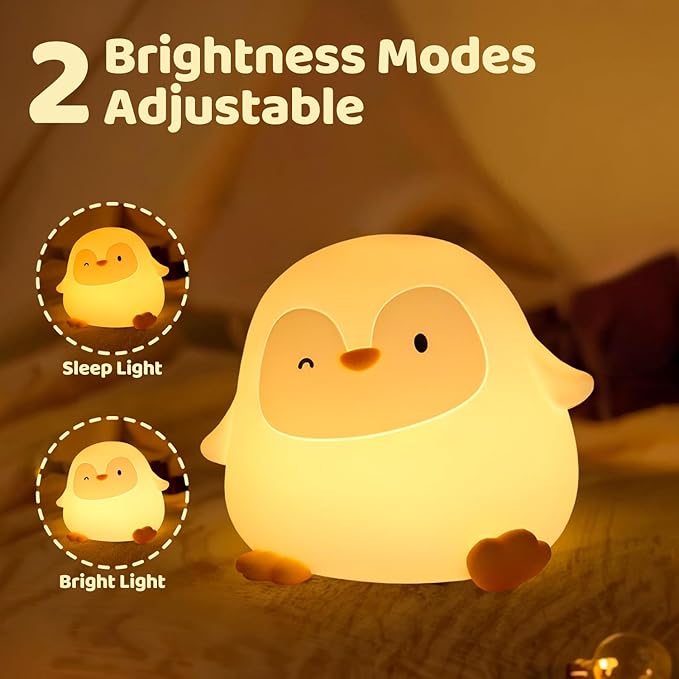 Penguin Silicone Night Light, Tap Control Dimmable Soft Nightlight with 30-Min Timer, 50H/12H Long Battery Life, Portable Bedroom Lamp for Baby Kids Toddler Girls, Gift for Easter