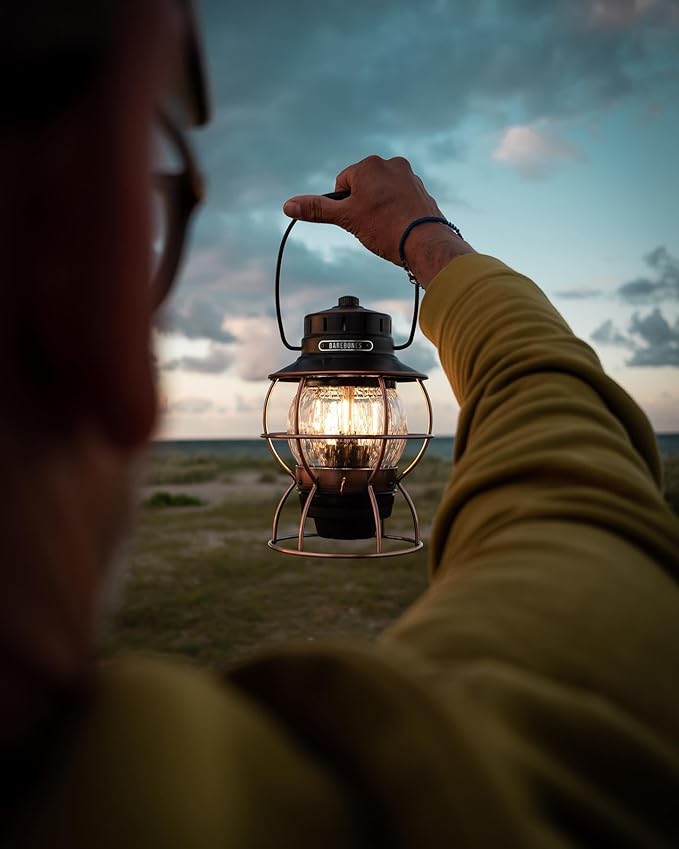 Barebones Railroad Lantern – Antique Bronze, Vintage-Inspired LED Camping Lantern with Rechargeable Battery – Adjustable Brightness Outdoor Light for Camping Gear, Backyard, and Home Decor