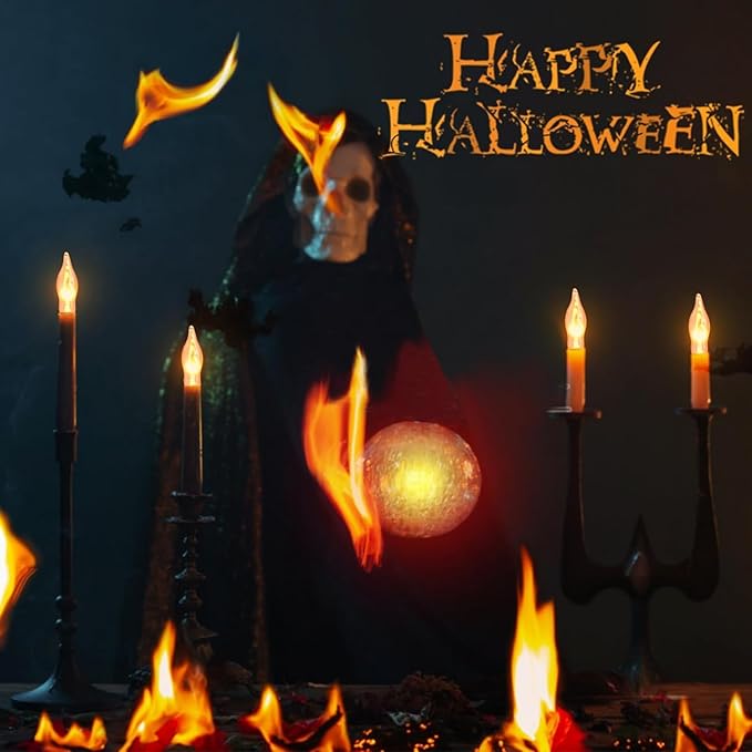 Halloween Flickering Light Bulbs 12 Pack, C18 Flickering Flame Light Bulbs E12 Candle Base for Halloween Candelabra Window Candle Lamp Halloween Replacement Bulbs