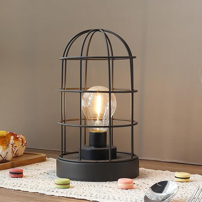 JHY DESIGN Vintage Battery Operated Lamp 10''H Decorative Table Lamp Metal Cage Cordless Lamps with LED Bulb for Home Decor Living Room Bedroom Kitchen Wedding Patio Indoor