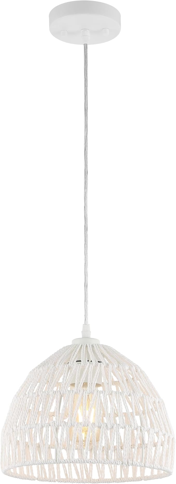 JONATHAN Y 10.25" White Modern Bohemian Woven Rope LED Pendant Light Fixture, Adjustable Dome Ceiling Lamp for Kitchen Island, Rope Shade, Coastal Farmhouse Decor (JYL6513A)