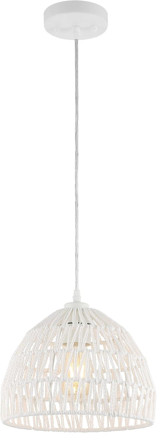 JONATHAN Y 10.25" White Modern Bohemian Woven Rope LED Pendant Light Fixture, Adjustable Dome Ceiling Lamp for Kitchen Island, Rope Shade, Coastal Farmhouse Decor (JYL6513A)