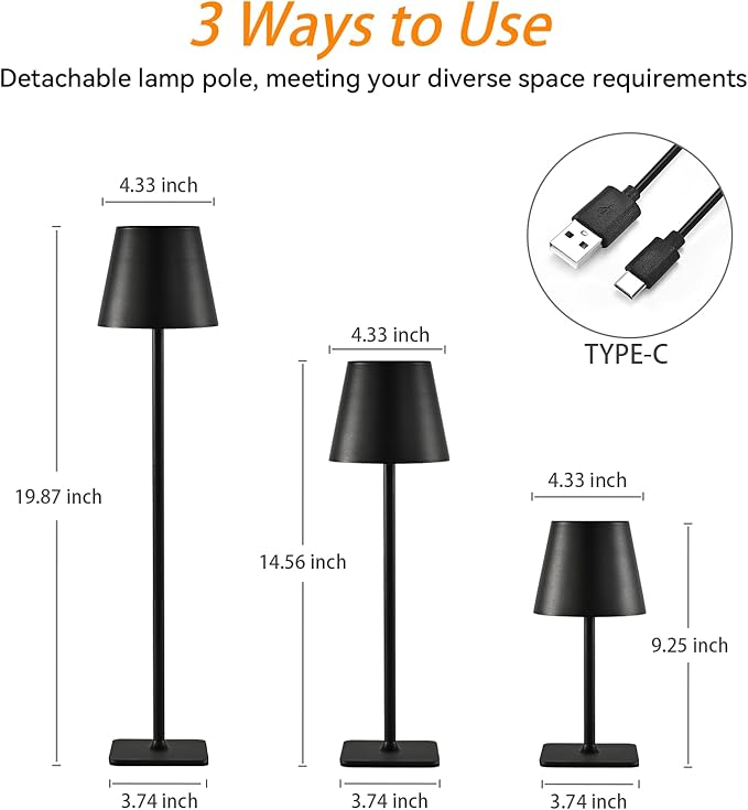 2-Pack Rechargeable Cordless Table Lamps, Battery-Operated Wireless Minimalist Table Lamp, 3 Colors Stepless Dimming LED Adjustable Height Table Lamp for Dining/Bedside/Camping (4, White)