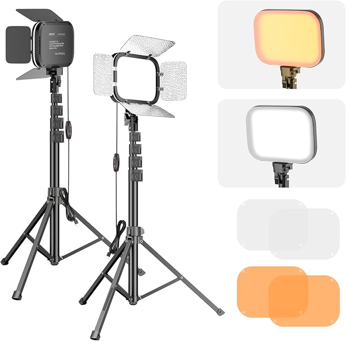 EMART 2-Pack LED Video Light, Portable 3000-5500K CRI97+ Studio Lights with 62" Tripod Stand, Magnetic Light Barndoor & Filters, Bi-Color Dimmable Lighting for Video Recording, Game Streaming, Podcast