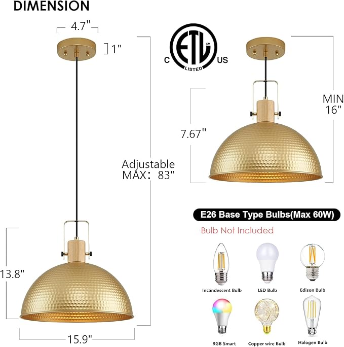 16 Inch Gold Pendant Lights Hammered Matte Pendant Lights for Kitchen Island Industrial Farmhouse Adjustable Height Dome Hanging Light Fixtures for Barn, Dining Room 2 Packs