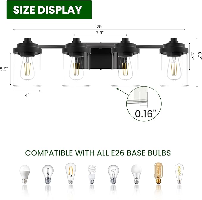 Bathroom Vanity Light Fixture, 4-Light Modern Black Vanity Light Fixtures with Clear Glass Shade, Matte Black Bathroom Light Fixtures Over Mirror, Rustic Restroom Lighting Fixtures