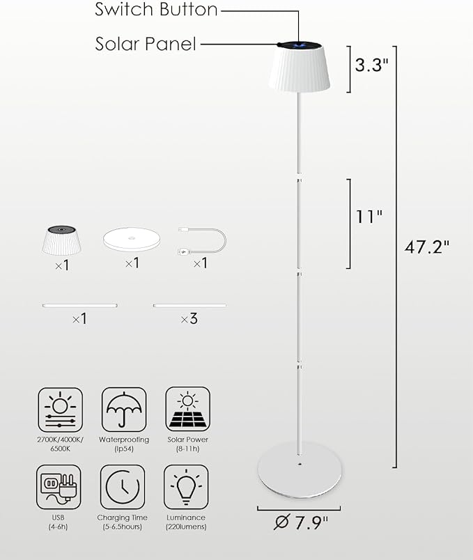 Solar Floor Lamp Outdoor Cordless Floor Lamps for Outdoor and Indoor, IP54 Water Resistant, Dimmable LED Floor Lamps, Stand Lamp for Patio, Living Room, Bedside