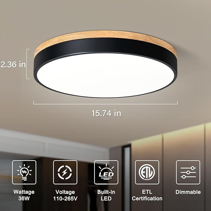 Dimmable Wood LED Ceiling Light, 5CCT 2700K-6000K Modern Black Flush Mount Ceiling Lamp, Minimalist Round Close to Ceiling Lighting Fixture for Living Room, Bedroom, Kitchen, 15.74in