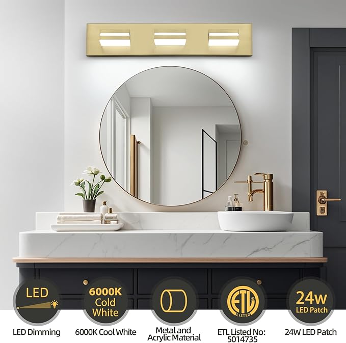 OKELI 5-Light Bathroom Vanity Light Gold Modern LED Vanity Light Over Mirror Dimmable Mirror Front Lamp with 350° Adjustable Lamp Head ETL Listed 32W 6000K Cold White