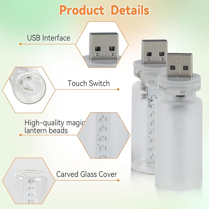 2Pcs Mini Retro Car Light, 10 Modes, Frosted & Transparent Shell, USB LED Car Interior Atmosphere Lamps, Touch-Control Portable Plug-in Glass Bottle Ambient Night Light for Camping Bedroom Party