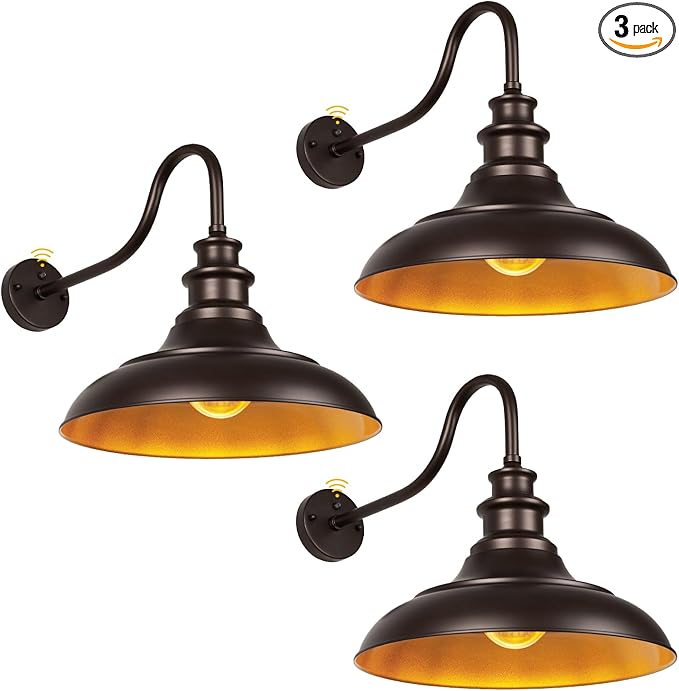 Exterior Farmhouse Gooseneck Barn Light, 3PCS Dusk to Dawn Outdoor Lighting, 16 Inch Vintage Outside Garage Lights Fixtures for Patio Frontdoor Entryway Doorway