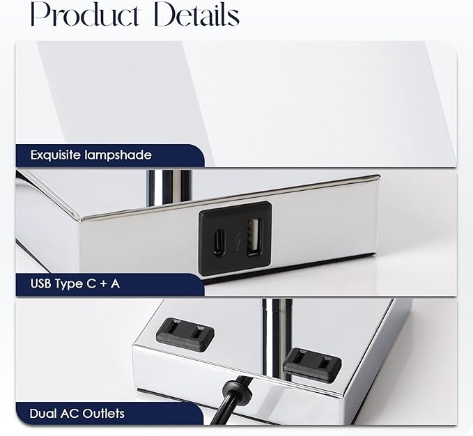 Soilsiu Set of 2 Bedside Table Lamp 3 Way Dimmable Nightstand Lamp with USB C & USB A Charging Port, 2 AC Outlets, 3000K LED Bulbs (White)