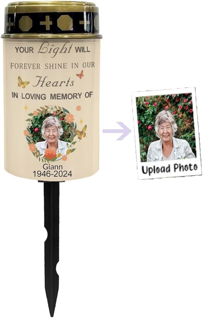 Personalized Photo Cemetery Solar Lights Waterproof Solar Powered Grave Lights Landscape LED Flameless Candle Gravesite Decorations Memorial Solar Lights