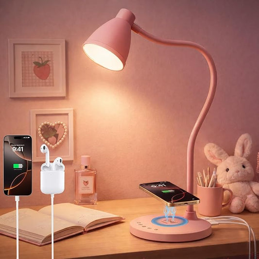 BOHON Cute Desk Lamp with USB C+A Charging Ports, Wireless Charger Pink Lamp, 5 Colors Stepless Dimming Reading Light, Touch Bedside Table Lamp, LED Desk Light for Home Office College Dorm Room Pink