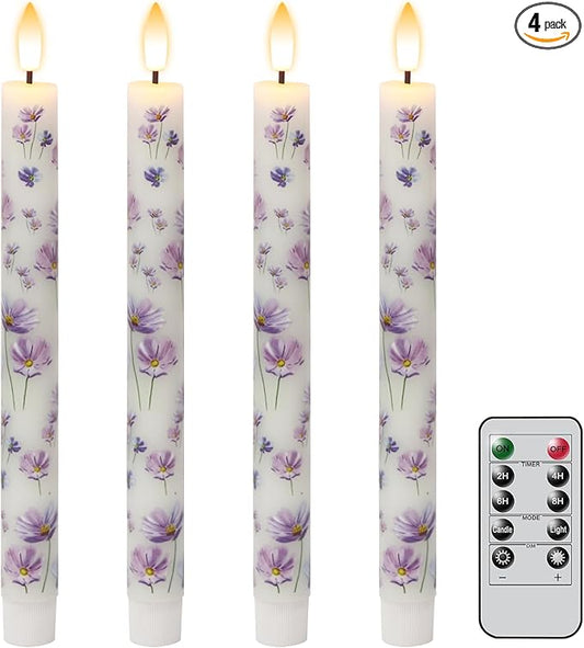 Purple Flowers Flameless Taper Candles with Remote Timer, LED Taper Candles Battery Operated Warm 3D Wick Flickering, Real Wax CandleSticks, Wedding Birthday Christmas Decor