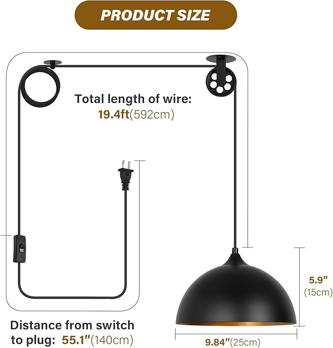 Modern Plug in Pulley Black and Brass Domed Pendant Light with 19.4ft Cord On/Off Switch, Retro Metal Barn Hanging Ceiling Lampshade for Farmhouse Kitchen Island Bedroom Hallway (2 Pack)