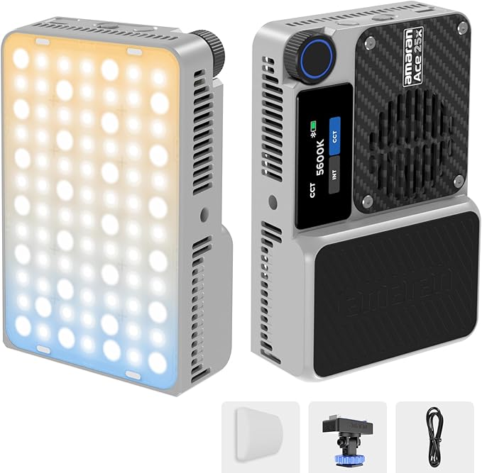 Amaran Ace 25x Pocket Bi-Color LED Light: Boost Mode Up to 32W, Bi-Color Mini Video Light (2,700-6,500K), 1,636 Lux@1m, 4,500mAh Battery with PD Fast Charging for Mobile Creators (Silver)