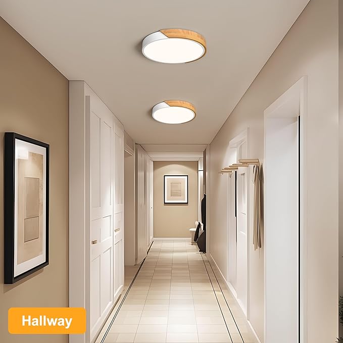 Vikaey Modern LED Ceiling Light, Minimalist Wood Style Flush Mount Ceiling Light Fixture, Circle Lighting Lamp with Acrylic Lampshade for Bedroom Living Room Dining Room Laundry (White, 11.8'')