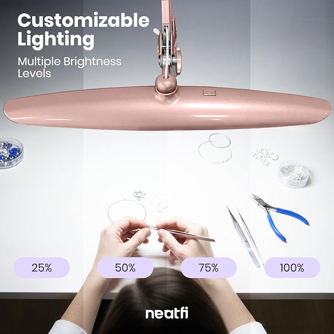 Neatfi XL 2200 Lumens 24W LED Desk Lamp with Clamp - Shadow-Free Task Lighting | 4-Level Dimming | Home Office & Crafts Use | 20-Inch Wide Head (Non-CCT, Rose Gold)