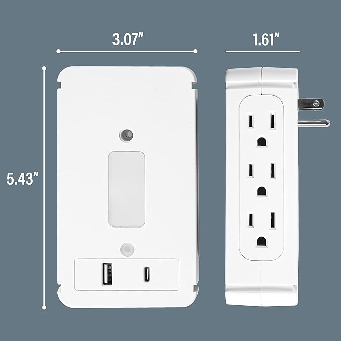Wall Outlet Extender Outlet with Smart Night Light-2 Pack, Surge Protector Multiple Wall Plug with USB A+C Ports (3.4A Total), 6 AC Outlets, Removable Outlet Shelf, Compatible with GFCI, 1020J
