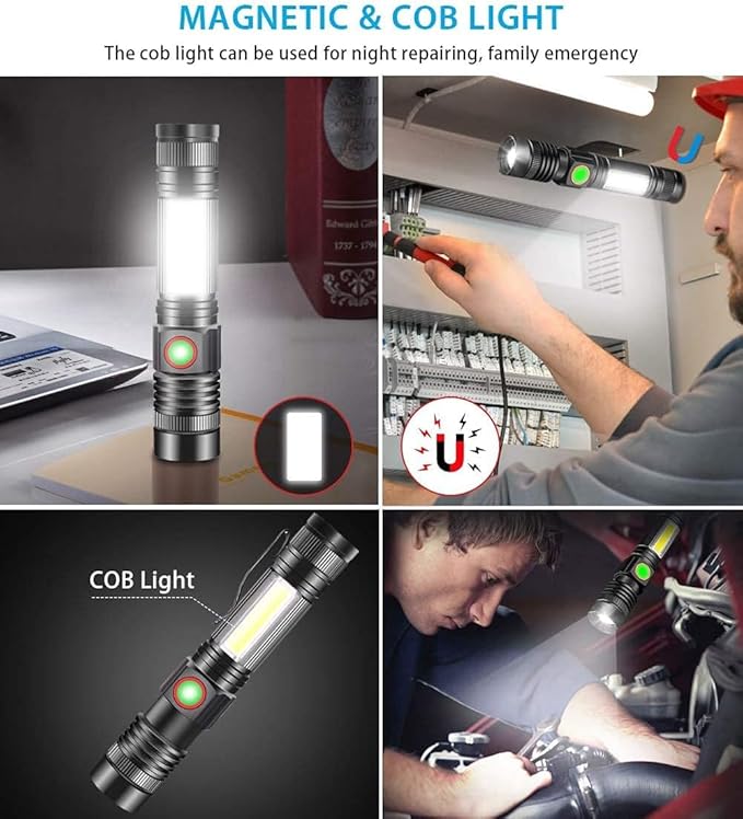iToncs LED Rechargeable, Super Bright Magnetic Flashlight with COB Work Light, Waterproof, 4 Modes, Pocket Tactical Flashlights for Outdoor Camping Emergency 4 PCS
