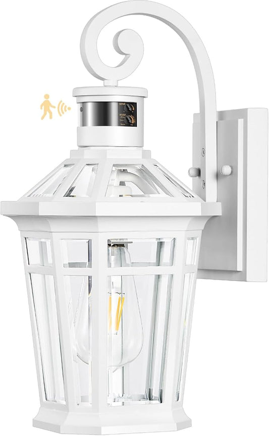 Motion Sensor Outdoor Wall Lantern, White Outdoor Lighting Fixtures Wall Mount, Dusk to Dawn Exterior Sconce Lights with Beveled Glass, Waterproof Exterior Front Porch Lights for Garage, Coach