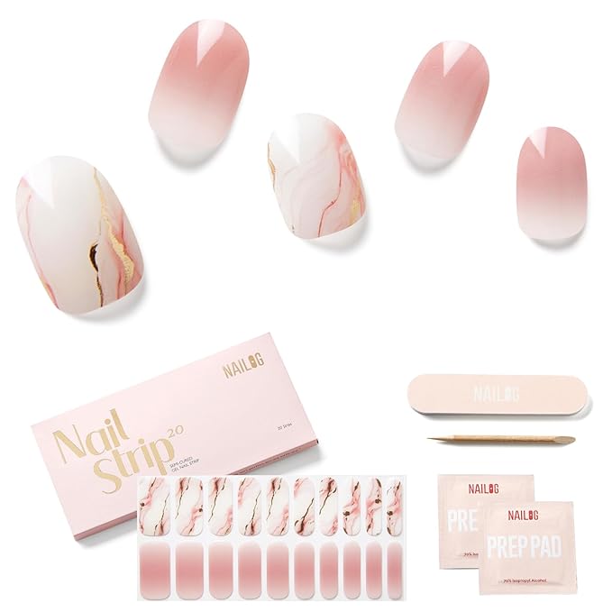 Semi Cured Gel Nail Strips - NAILOG 20 Pcs Pale Pink Nail Stickers Extra Long Wraps with Glossy Gel Finishing, Like A Feather