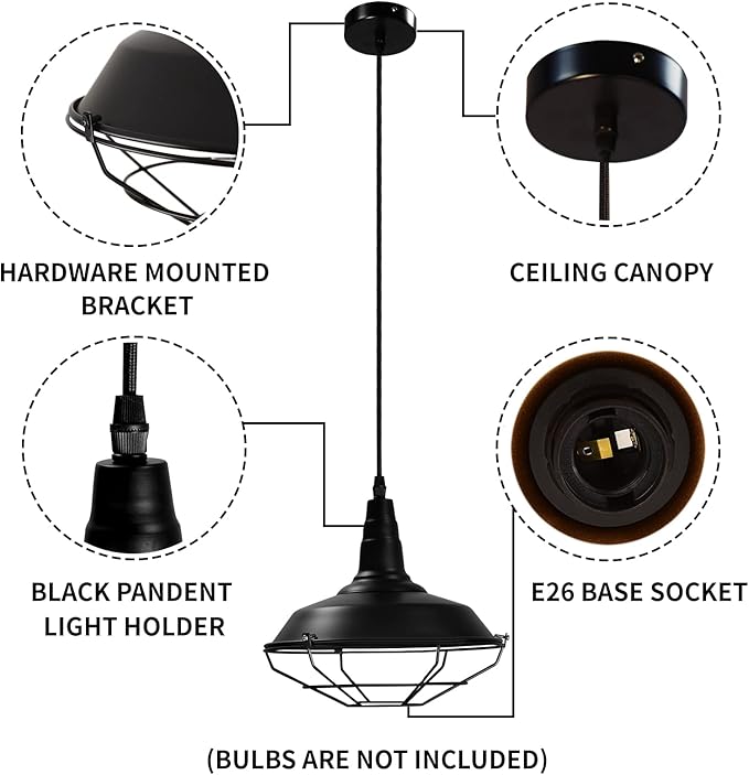Black Pendant Light fixtures 10.5 inches 3 Packs, Matte Pendant Lights Kitchen Island, Industrial Pendant Light, Vintage Farmhouse Pendant Lights for Dinning Room Entryway Barn