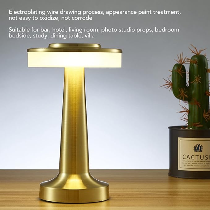 Diydeg Cordless Table Lamp, Retro Style Touch Control 3 Color Adjustment Metal Paint Appearance LED Table Lamp Electroplating Wire Drawing Process Anti Oxidation Soft Light Portable Night Light(Gold)