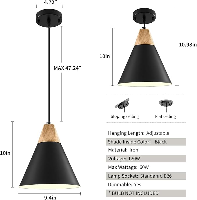 Black Pendant Light 2 Packs,9.4inches- Farmhouse Pendant Light, Modern Pendant Lights, Kitchen Pendant Lights for Office, Bedroom, Living Room, Kitchen Island