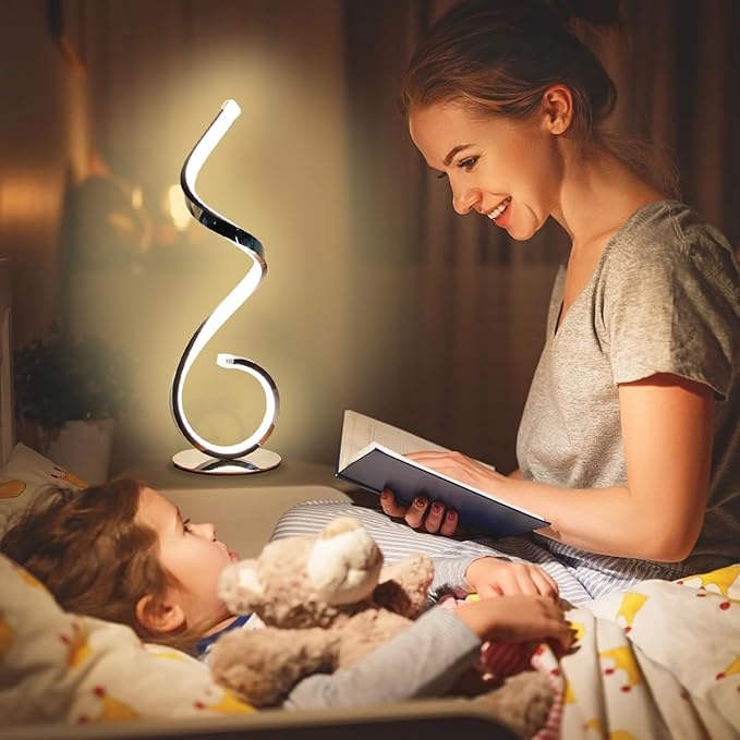 Modern Spiral LED Table Lamp, Stepless Dimmable Bedside Table Lamps for Bedroom, 10W LED Desk Lamp 3 Color Modes Desk Light Reading Office Lamps for Nightstand, Living Room- Silver