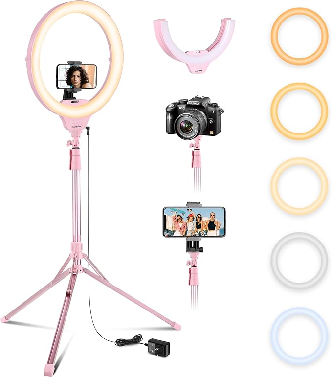 Aureday 14'' Pink Selfie Ring Light with 62'' Tripod Stand and Phone Holder, Dimmable LED Phone Ringlight for Makeup/Video Recording/Photography, Circle Lighting for Cell Phones&Lightweight Cameras