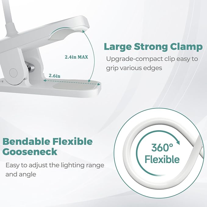 CUHIOY 2Pack Clip on Reading Light, 5 Colors 5 Brightness Bed Light for Headboard, Battery Rechargeable Flexible Arm Table Lamp with Clamp, Eye Protect LED Book Light at Night for Crafting（White）