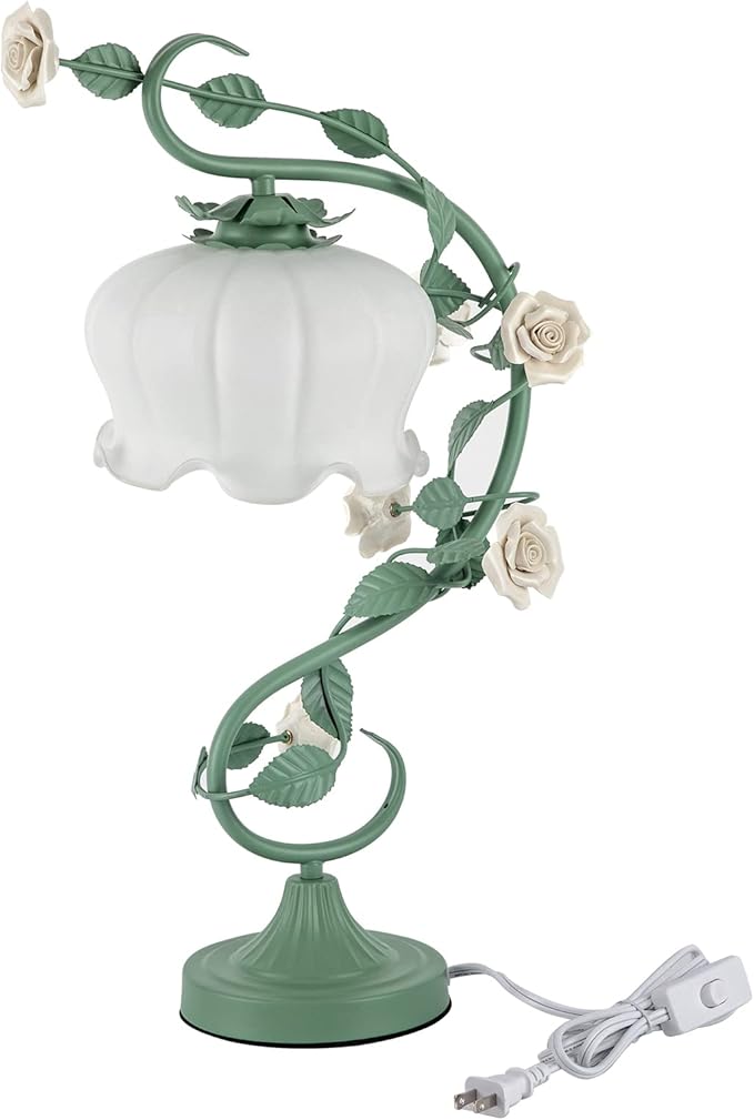 Flower Desk Lamp, E26 Glass Table Lamp Reading Light for Small Space Bedroom Home Office, Bedside Lamp with Soft Light, Applicable 3-5m² Area (Green, 5.5" W x 20.4" H)